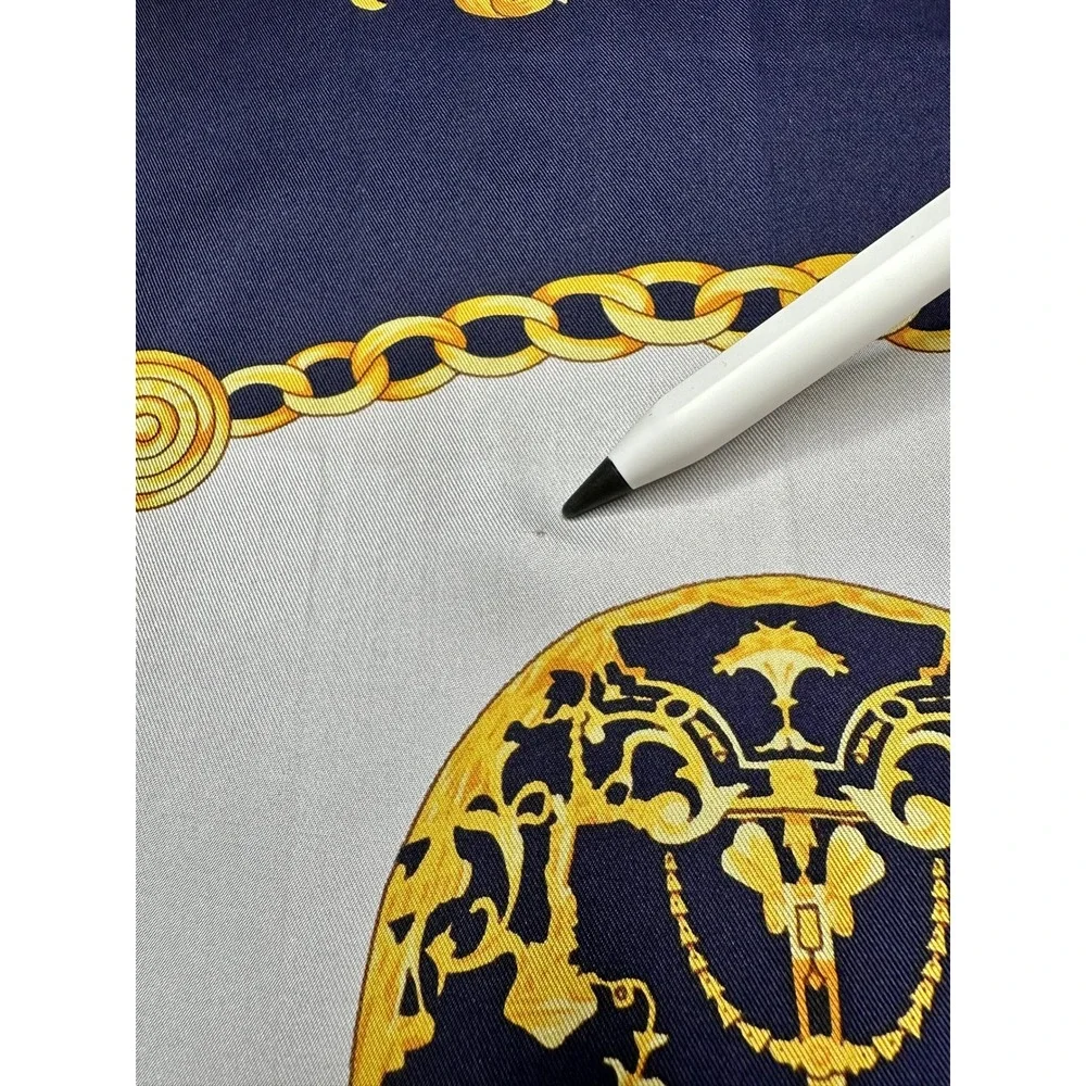 Vintage Faberge Large Scarf 32x32 Navy Blue Gold Baroque 100% Silk Hand Sewn